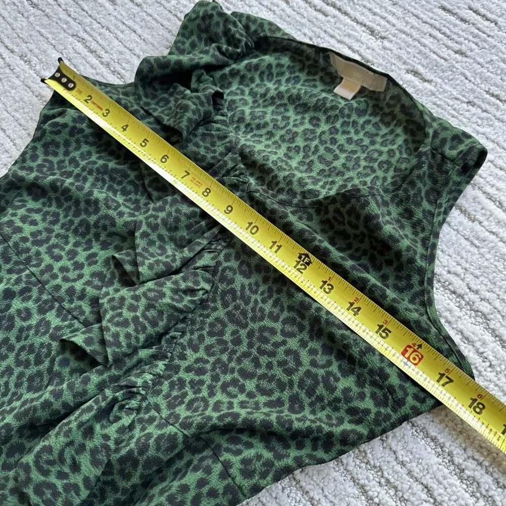 Micahel Kors Green Leopard Sleeveless Tunic Blouse Top Women's Size 2 Ruffle‎